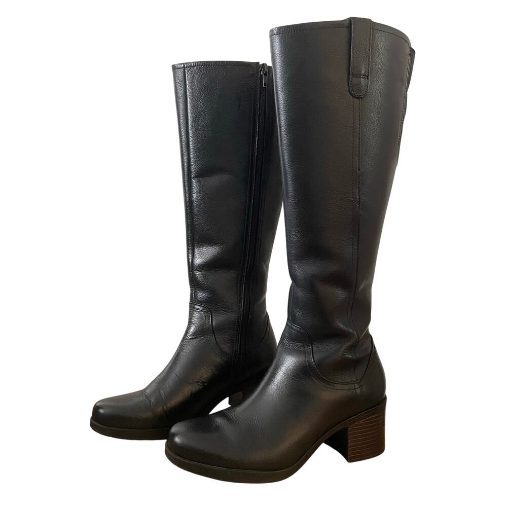 Clarks Hollis Moon Knee-High Boots Black Leather 26143934, W 7 Casual Dress Boot